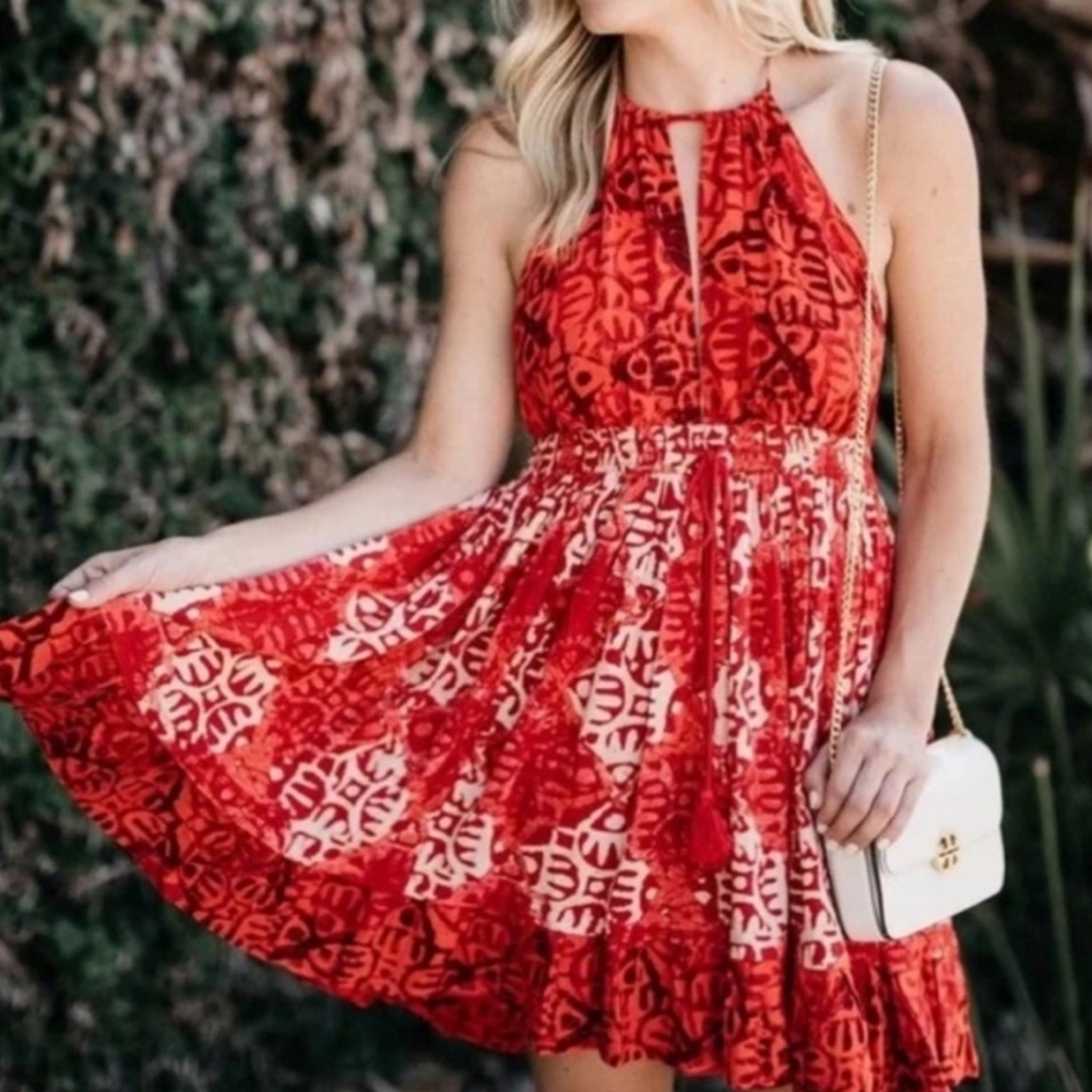 Free People Beach Day Halter Neck Backless Batik Mini Red Large